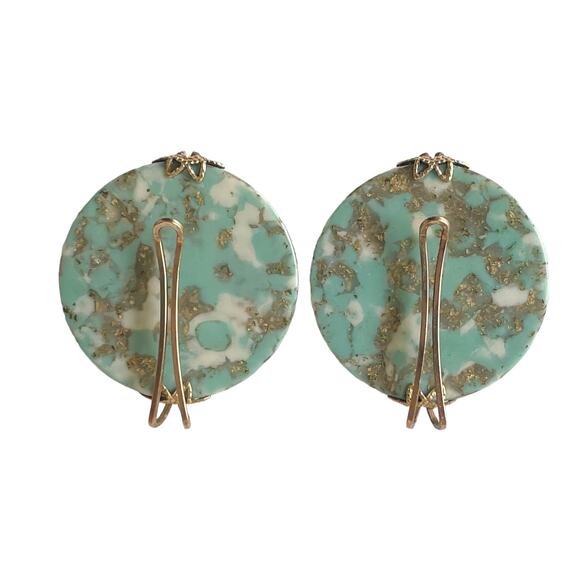 50s Castlecraft Robin Egg Blue White Gold Speckled Glass Ear Slide Clip Earrings - Picture 2 of 3